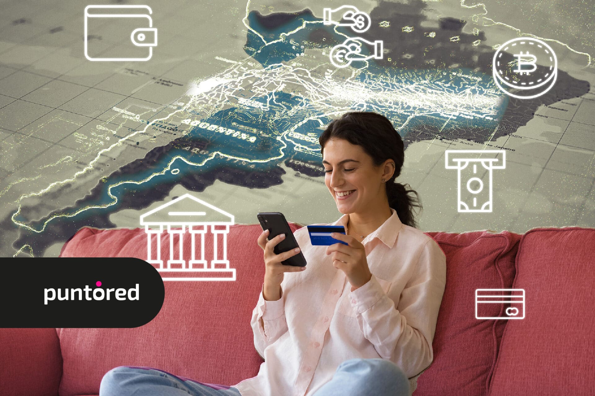 Mapa con iconos representando servicios fintech Latinoamérica